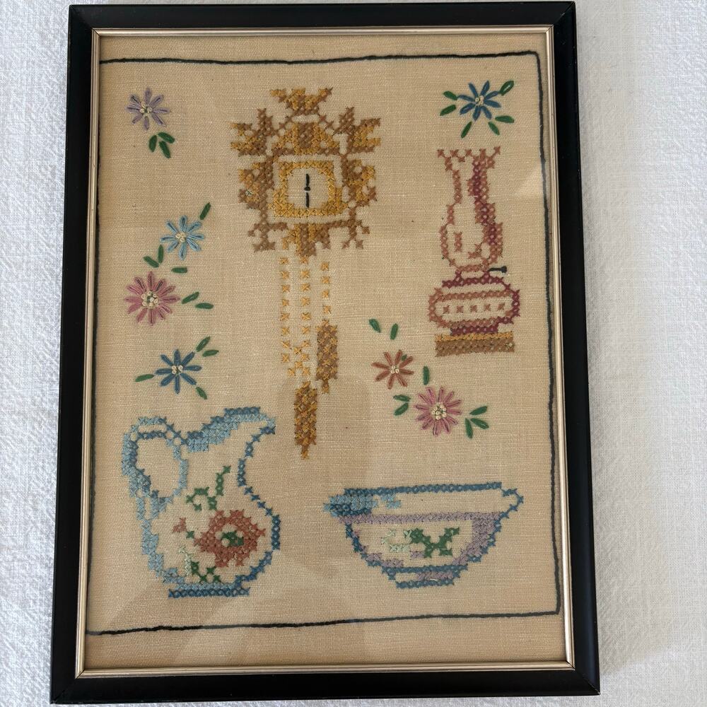 Vintage Mid-Century Signed  Cross Stitch Embroidery Kitchen Still Life 8x10